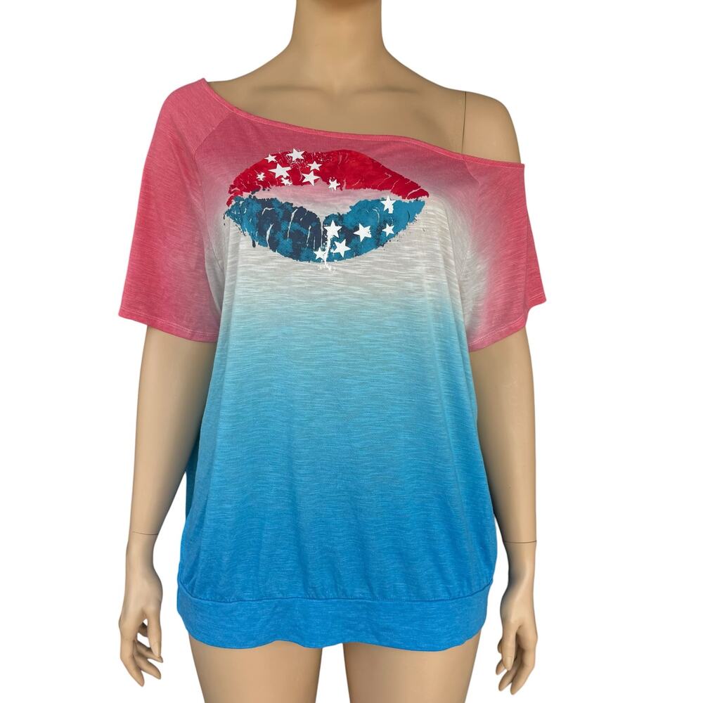 Torrid Size 3 3X Patriotic American Flag Lips Off Shoulder Ombre Tee Shirt NWOT